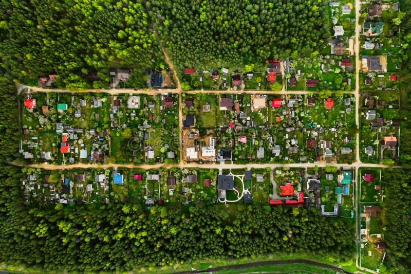 Aerial photography from above of a residential dacha village in the forest Suburban real estate in Belarus.Zhdanovichi Village 6.  royalty free stock photos