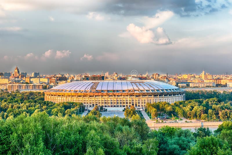 Aerial view of Luzhniki Stadium from Sparrow Hills, Moscow, Russ stock photos