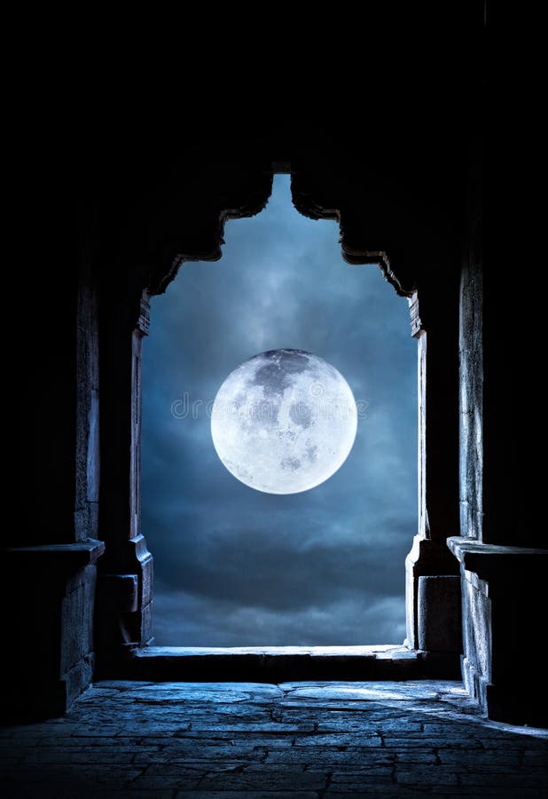 Arch and full moon. Arch silhouette in old temple at night sky with full moon premade background stock images