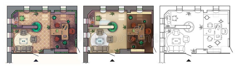 Architectural floor plan of interior working cabinet with furniture, modern office, in top view. Architectural colorful floor plan of interior working cabinet vector illustration