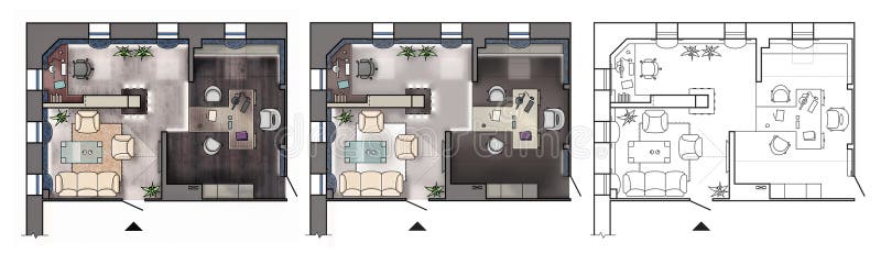 Architectural floor plan of interior working cabinet with furniture, modern office, in top view. Architectural colorful floor plan of interior working cabinet stock illustration