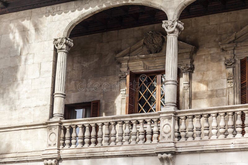 Architecture element, medieval facade building, arch balcony in. Consolat de Mar, Palma de Mallorca, Spain stock photo