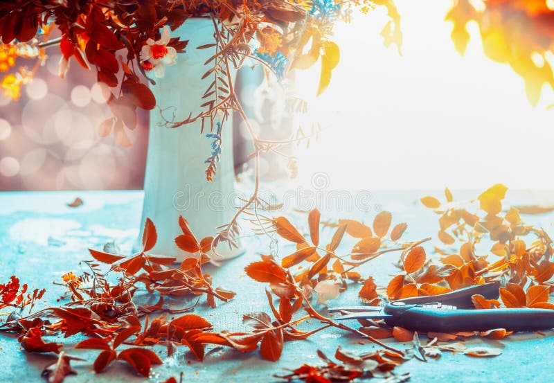 Autumn flowers bunch and vase on blue table with sunshine. Cozy home interior decoration. Fall still life stock image