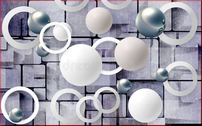 Balls and circles on an abstract background. Photo wallpaper for wall. 3D rendering. stock illustration