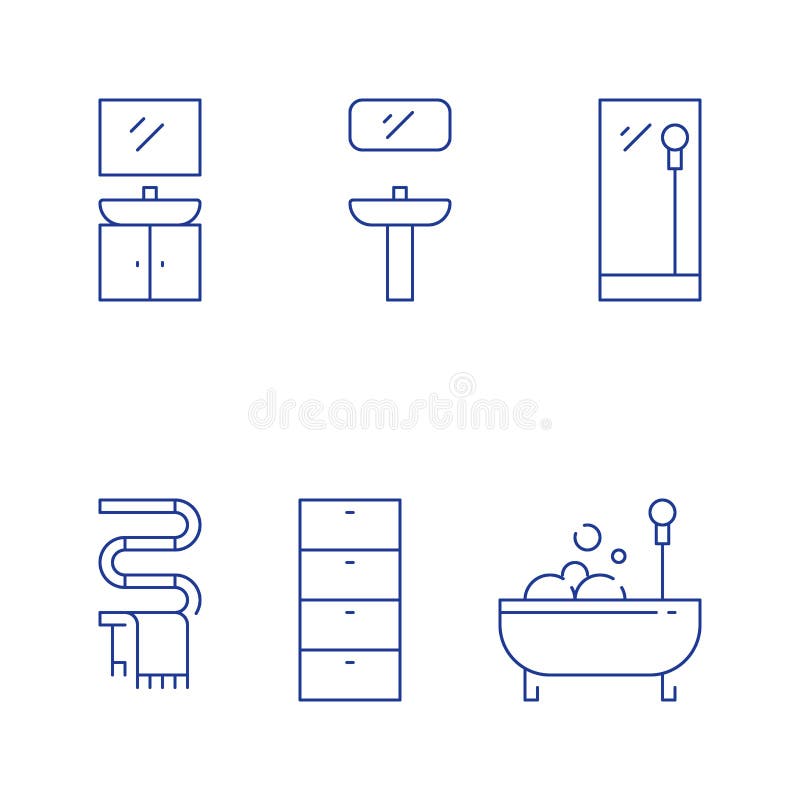 Bathroom furniture, bath with foam, washing stand with mirror, hot water tube vector illustration