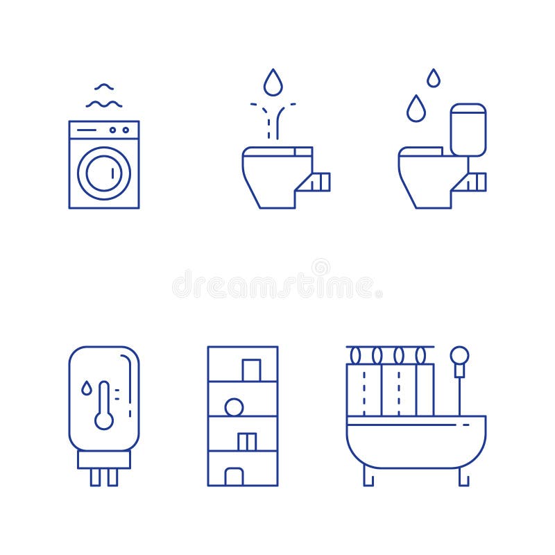 Bathroom objects, bath curtains, toilet and bidet, water heater tank, washing machine, vector illustration