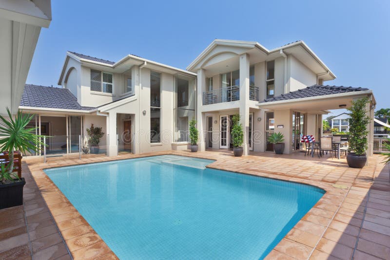 Beautiful backyard with pool in australian mansion. Luxurious backyard with pool in modern australian mansion stock image Beautiful backyard with pool in australian mansion. Luxurious backyard with pool in modern australian mansion stock image