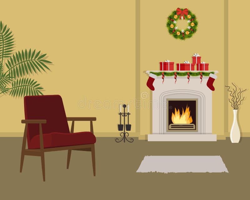 Beige living room with fireplace, decorated with Christmas decorations. The room also has a red armchair, a Christmas wreath, gift boxes and a vase with royalty free illustration