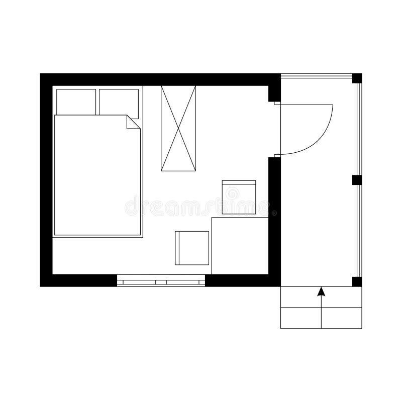 Black and white plan of tiny garden house with one room and veranda.  stock illustration