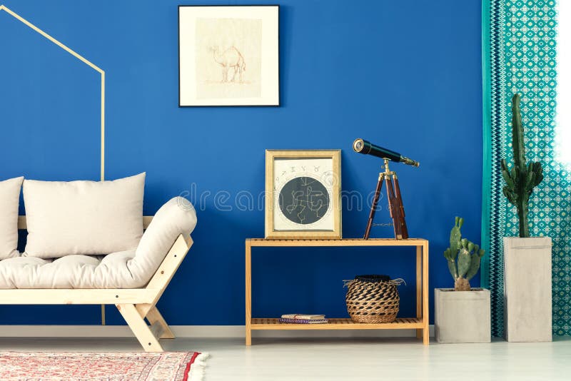 Blue living room with cactus stock photo