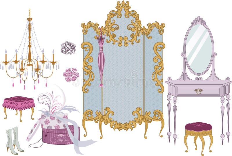 Boudoir. Decor items of dressing room in victorian style - vector illustration royalty free illustration