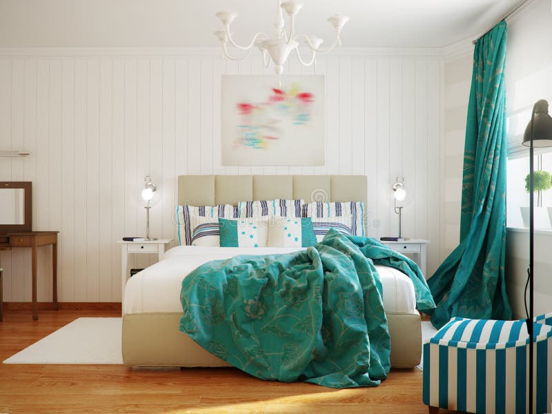 Bright and cozy modern bedroom interior design with white walls, turquoise curtains and blanket royalty free stock photos