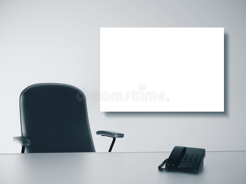 Business office with telephone and empty banner. Business office with telephone on table and empty banner on wall. Workplace and lifestyle concept. 3D Rendering stock illustration