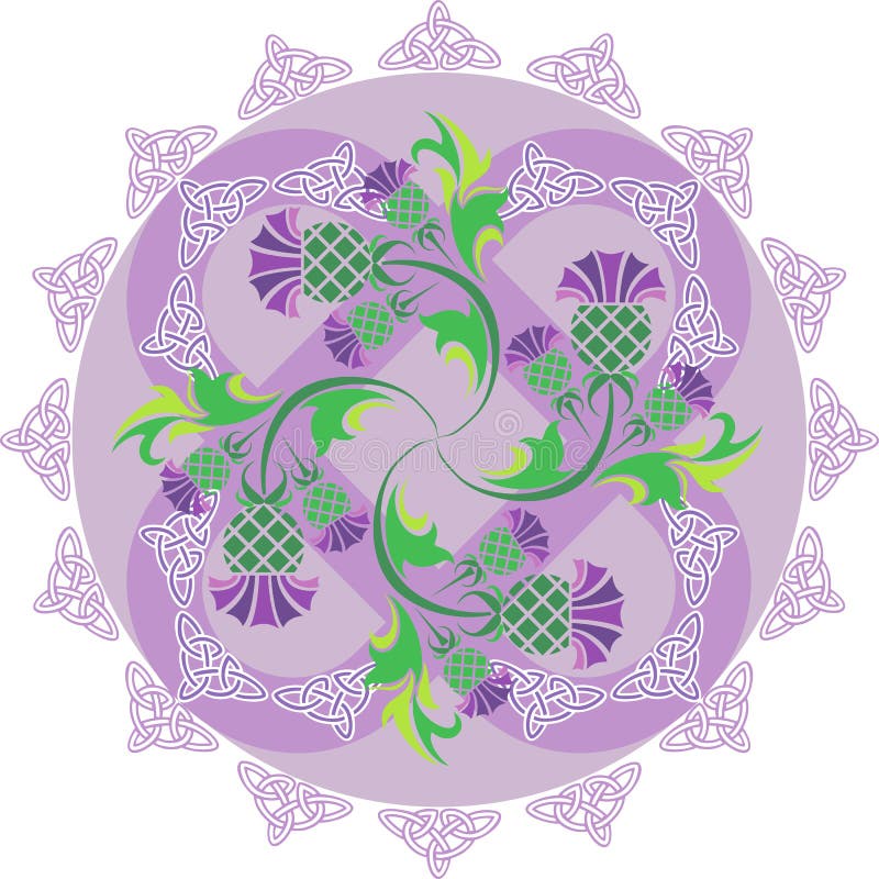 Celtic symbols ornament with flowers thistle and Celtic knots stock illustration