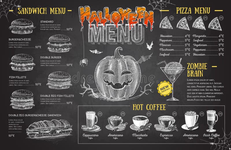 Vintage chalk drawing halloween menu design. Restaurant menu stock illustration