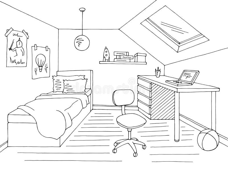 Children room graphic black white home interior sketch illustration vector stock illustration
