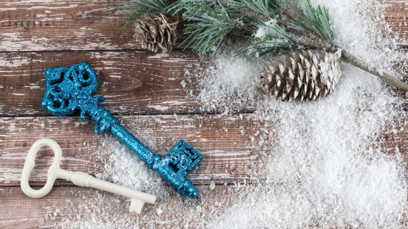 Christmas composition of keys and pine tree branch with cones royalty free stock photography Christmas composition of keys and pine tree branch with cones royalty free stock photography