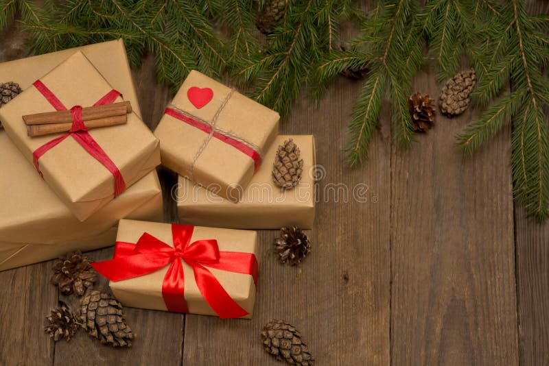 Christmas composition with presents, red ribbon, fir tree royalty free stock photo Christmas composition with presents, red ribbon, fir tree royalty free stock photo