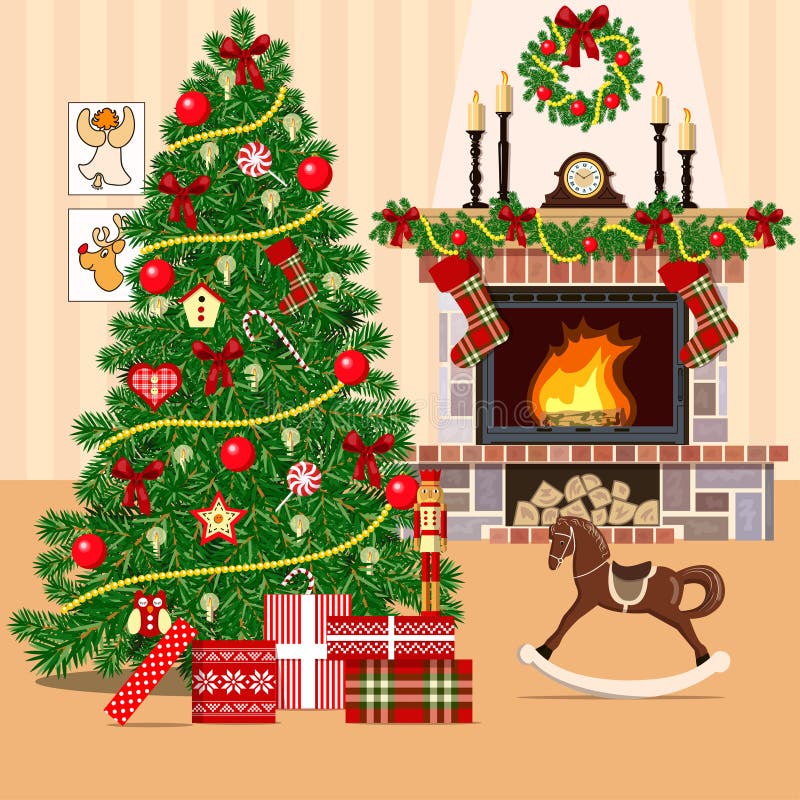 Christmas decorated room with christmas tree and fireplace. Flat style. Christmas decorated room with xmas tree and fireplace. Flat style vector illustration royalty free illustration