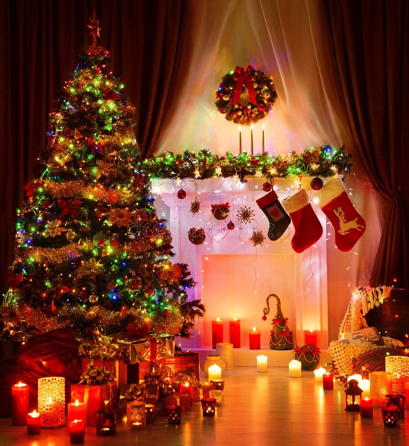 Christmas Room and Lighting Xmas Tree, Magic Interior Fireplace. Hanging Socks stock photo