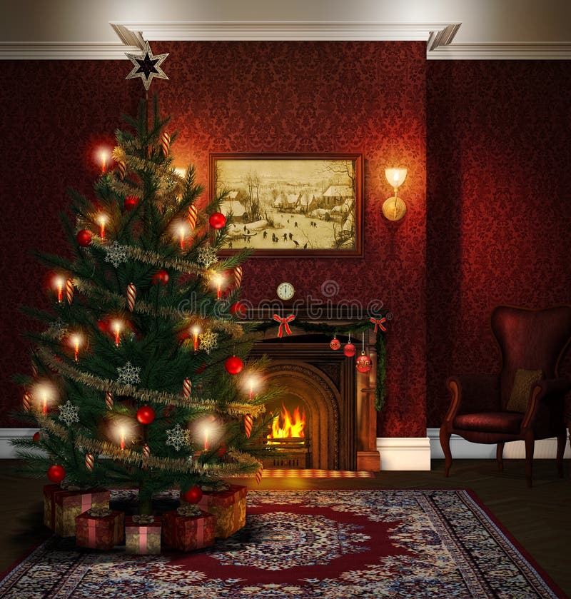 Christmas Tree Fireplace Decorated Living Room. 3D render of a Christmas Tree in a decorated atmospheric living room with a fireplace Lights at night vector illustration