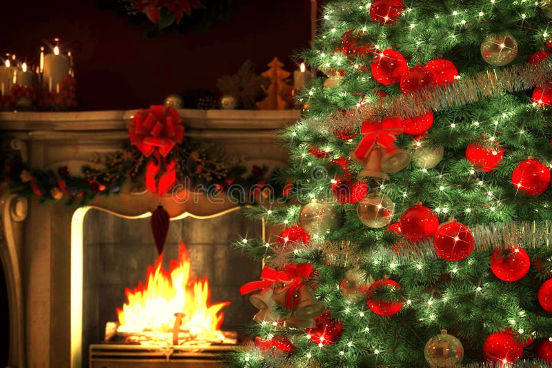 Christmas Tree with a fireplace. Christmas Tree and Christmas gift boxes in the interior with a fireplace stock image