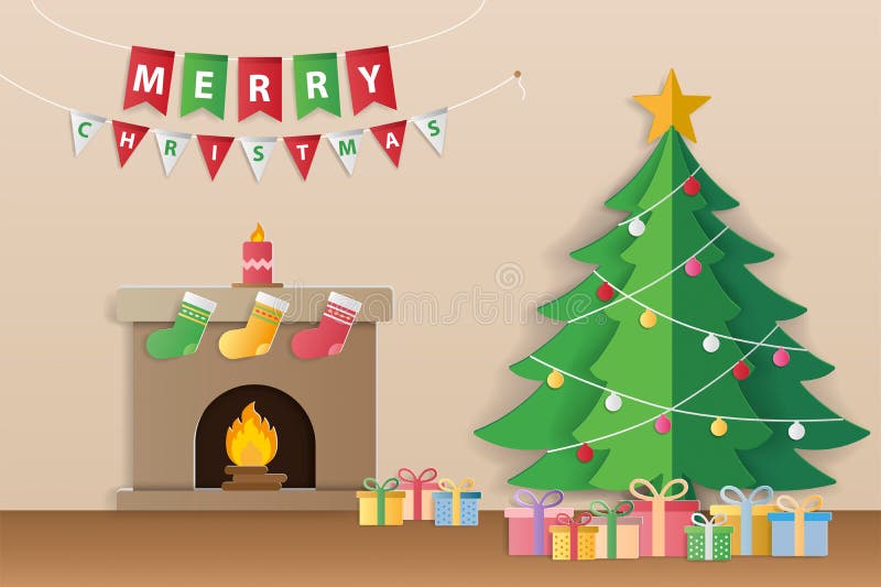 Christmas tree, gifts and decorated fireplace for season`s greet stock illustration