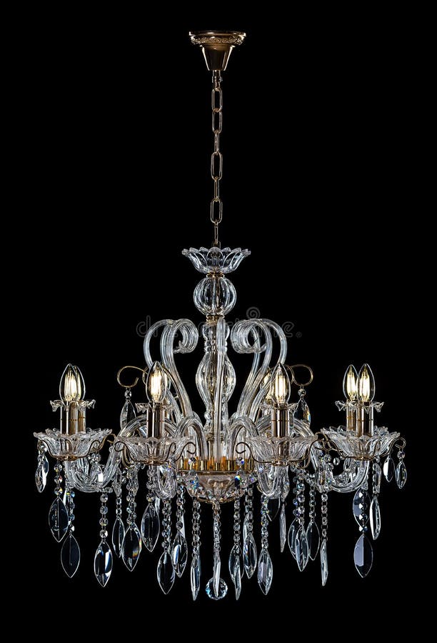 Chrystal chandelier. On black background with copy space. Silver chandelier for interior stock photo