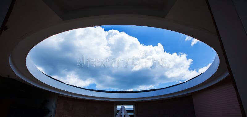 Circle architecture, contemporary modern interiors of Phu Phan Museum, Sakon Nakhon, Thailand, View from bottom up to sky stock photos