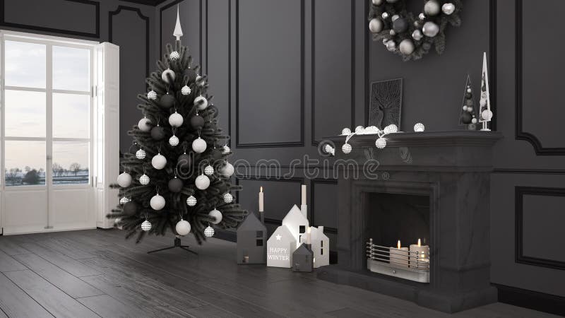 Classic living room with big window and fireplace, Christmas tree and decors, winter, new year scandinavian white and gray royalty free illustration