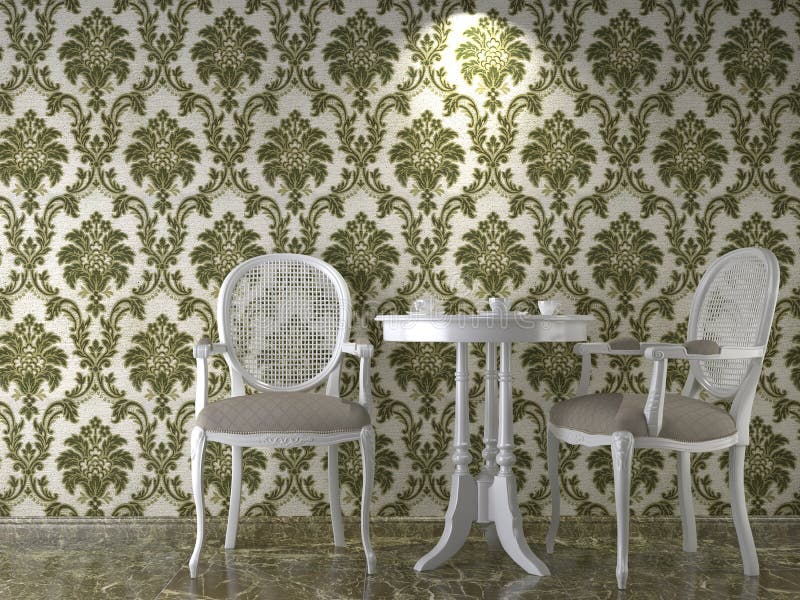 Classical wallpaper interior. Interior design with classical flowery wallpaper in green stock illustration