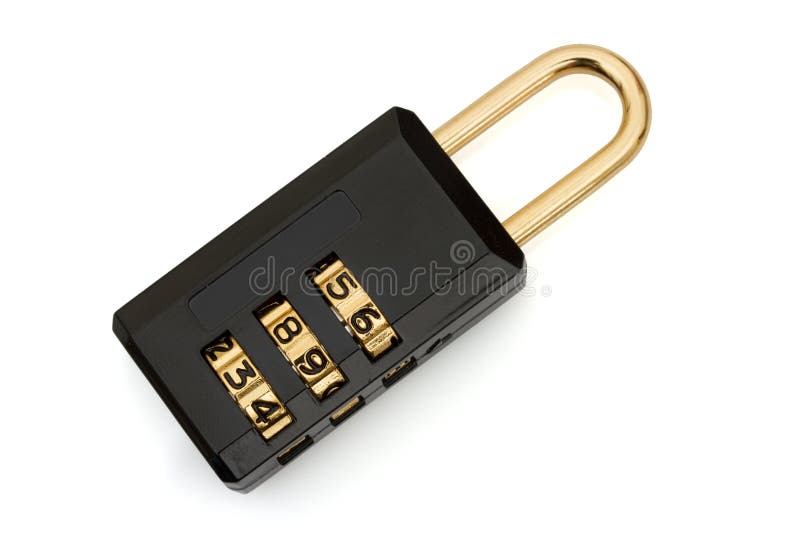 Closeup of a black and gold combination lock isolated on white. Closeup of a black and gold combination lock on white with copy-space stock photos