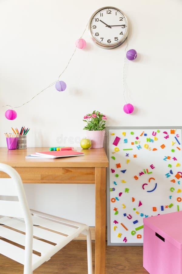 Colorful children room. Colorful children study room with wooden desk and magnetic board stock image