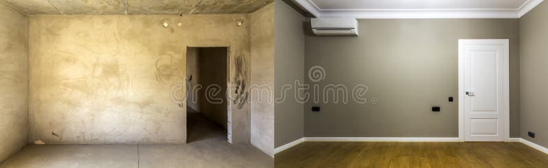 Comparison of a room in an apartment before and after renovation. New house stock photos