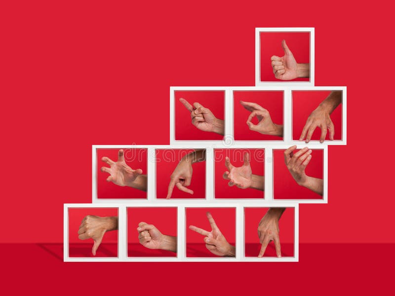 Concept of several hands gesturing inside shelves stock photo