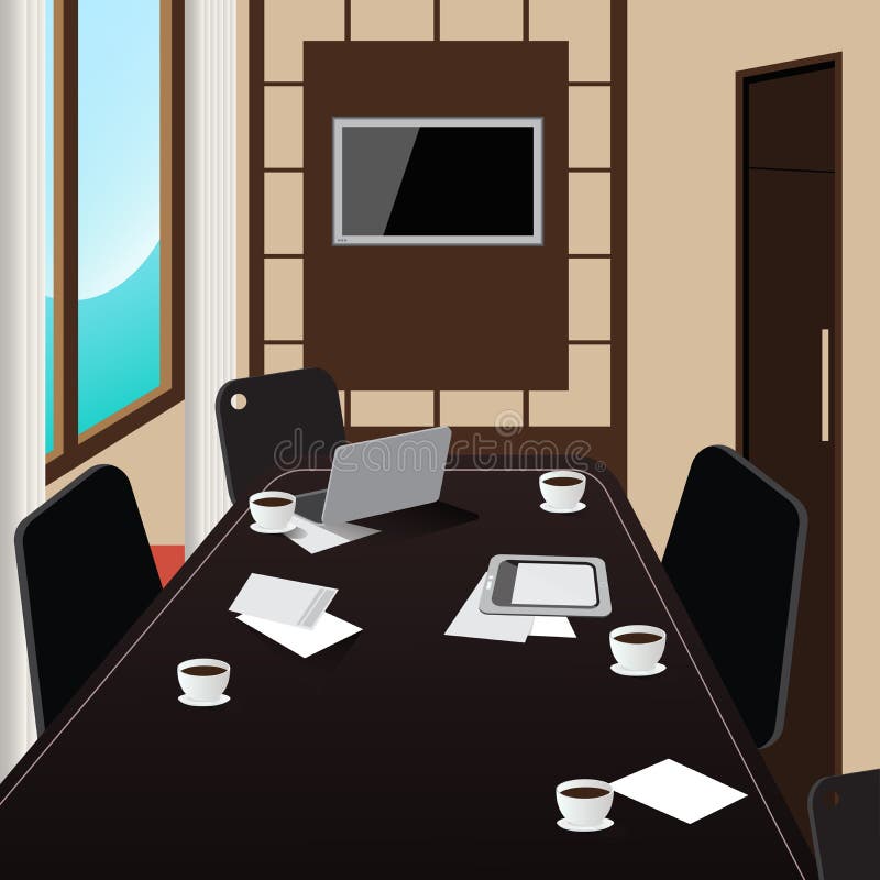 Conference Room Interior with Table, Tablet and Laptop stock illustration