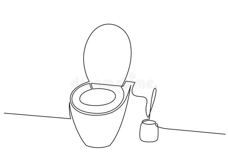 Continuous one line drawing of toilet bowl and toilet brush vector illustration. WC black line sketch isolated on white. Background royalty free illustration