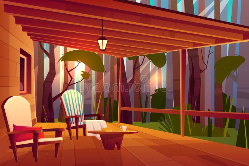 Comfortable country house veranda cartoon vector. Country or village house in forest with wooden coffee table and comfortable, soft armchairs on roofed veranda vector illustration