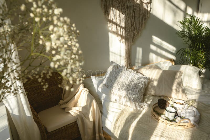 Cozy bedroom background with window light and shadows stock images
