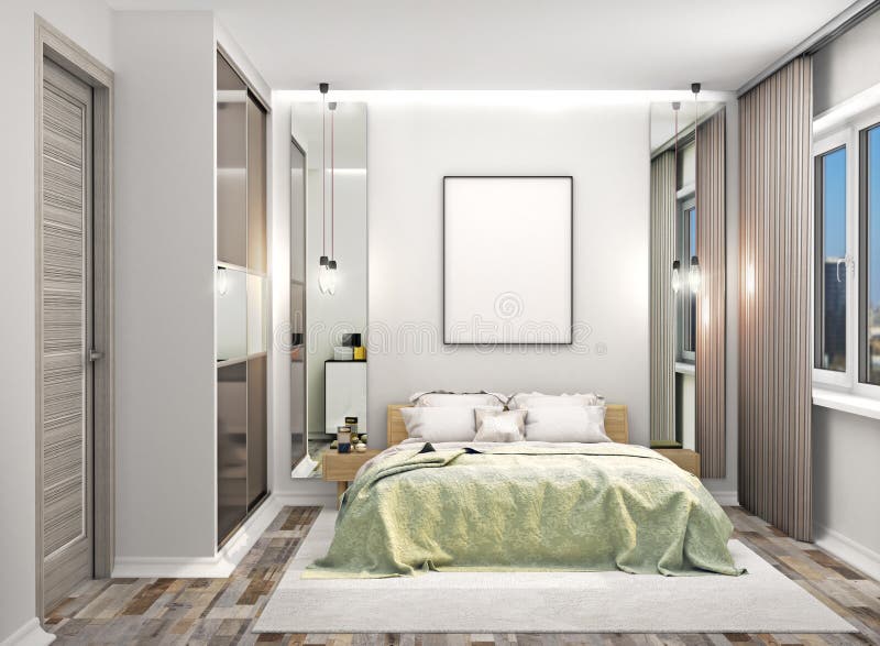 Cozy bedroom with a wardrobe with mirrored doors next to the bed. Blank canvas hung on the wall above the bed. royalty free stock photo