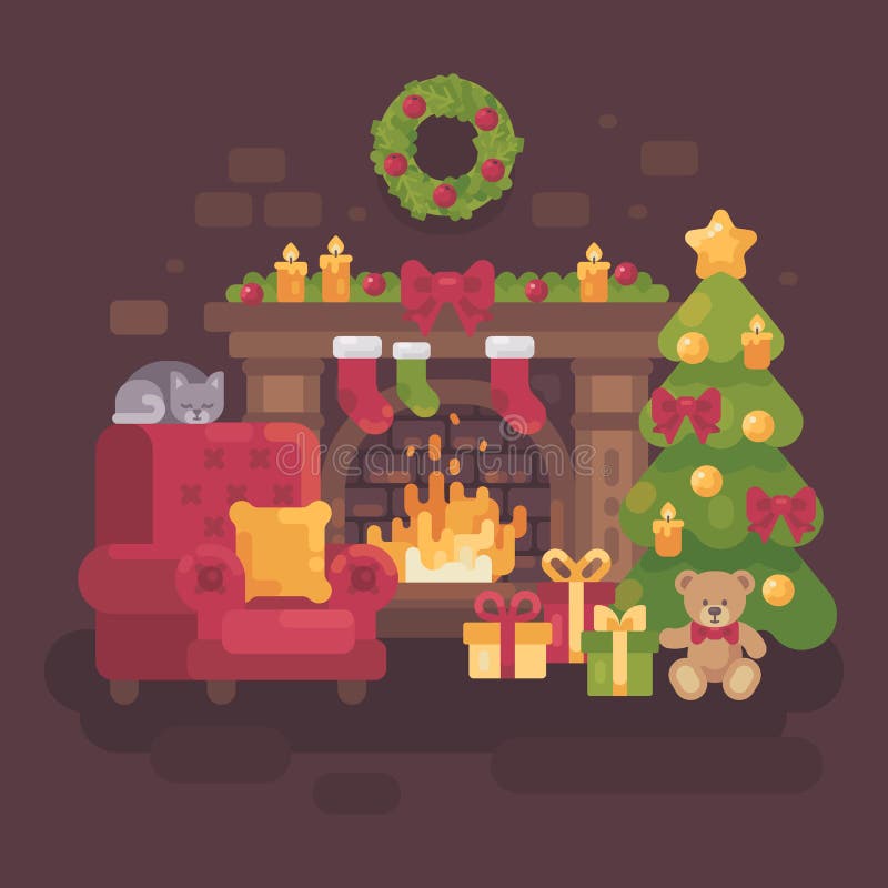 Cozy decorated Christmas room with a fireplace. A red armchair, a Christmas tree with presents and a sleeping cat. Holiday flat illustration royalty free illustration