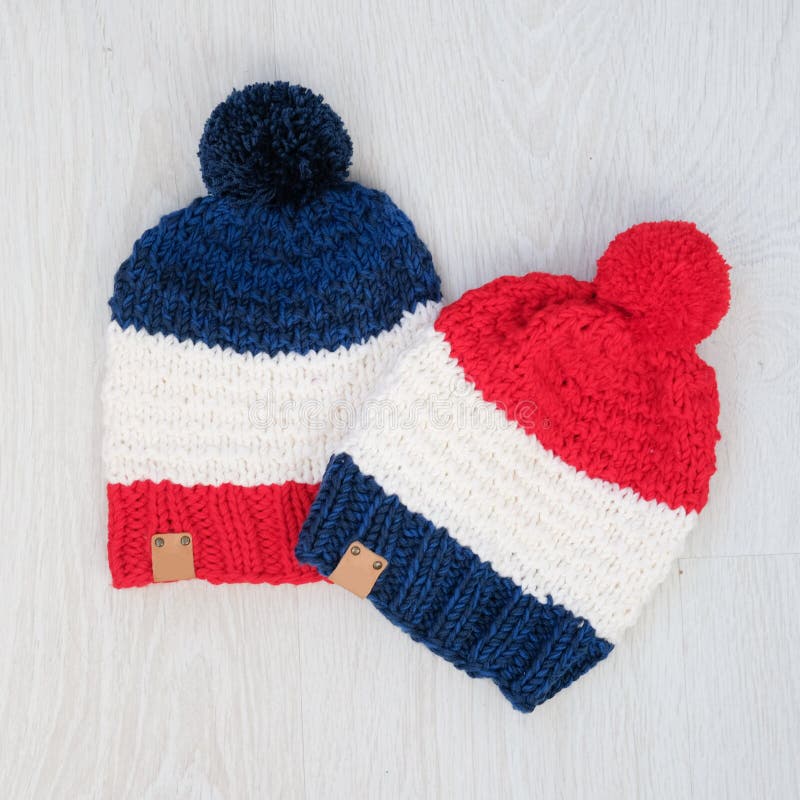 Cozy knitted children set of hats stock photo