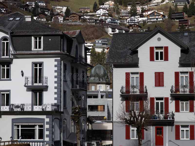 Cute swiss houses. View of swiss houses, Engelberg, Switzerland royalty free stock images