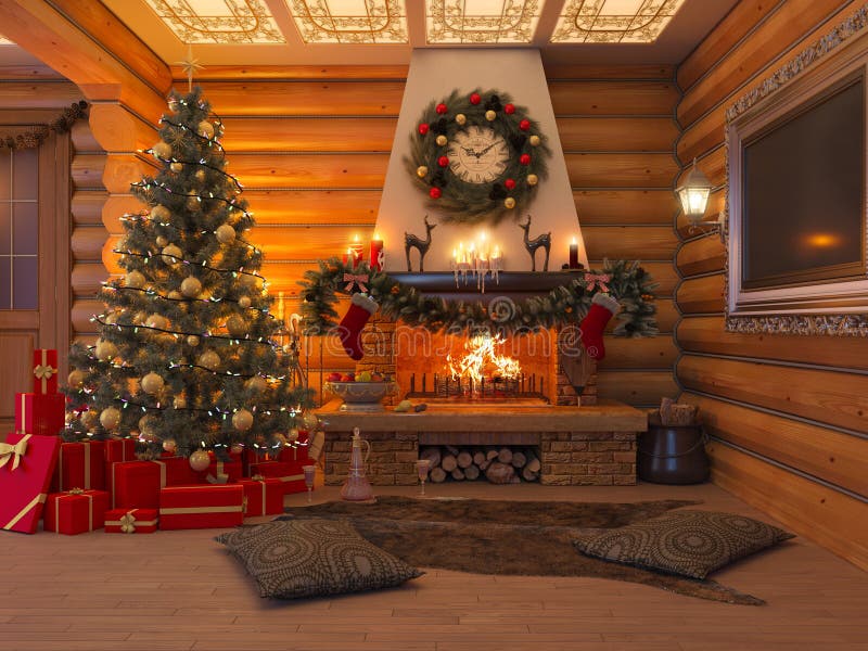 3D illustration New year interior with Christmas tree, presents stock illustration