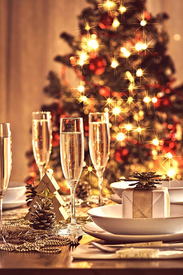 Decorated christmas dining table stock photos