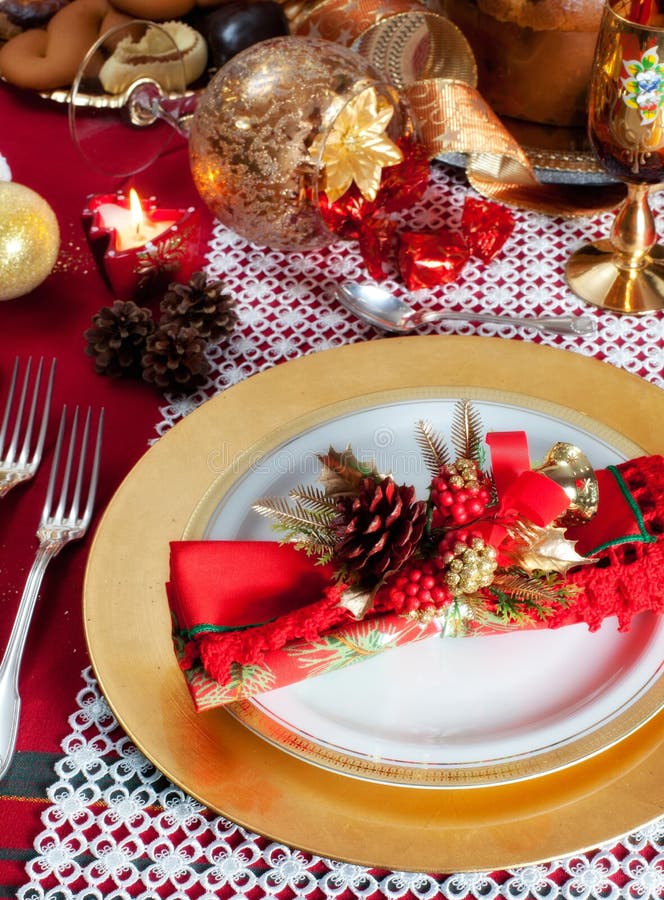 Decorated Christmas Dinner Table Setting stock photo