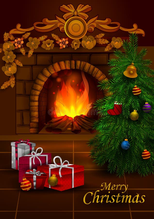 Decorated Pine tree near fireplace for Merry Christmas and Happy New Year royalty free illustration