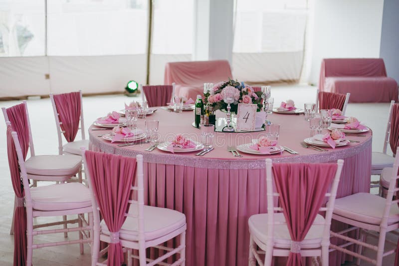 Decoration of tables at the wedding stock photography