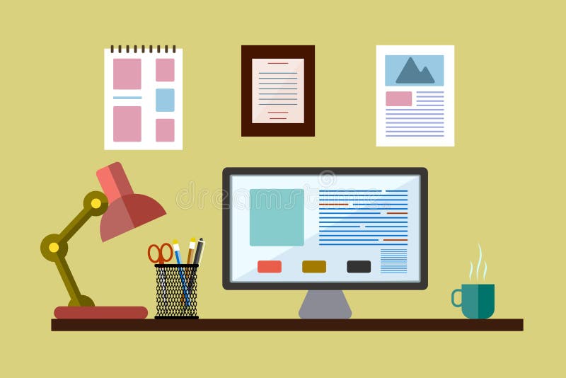 Desktop. office work. flat style. On the image is presented desktop. office work. flat style royalty free illustration