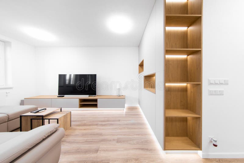 Detail of lighting cabinet in living room with tv stock image